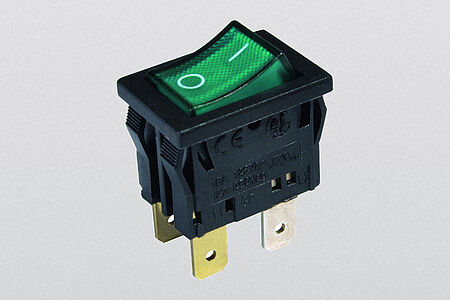 Rocker switch, 2-pole, 19x13 mm, black/green, illuminated