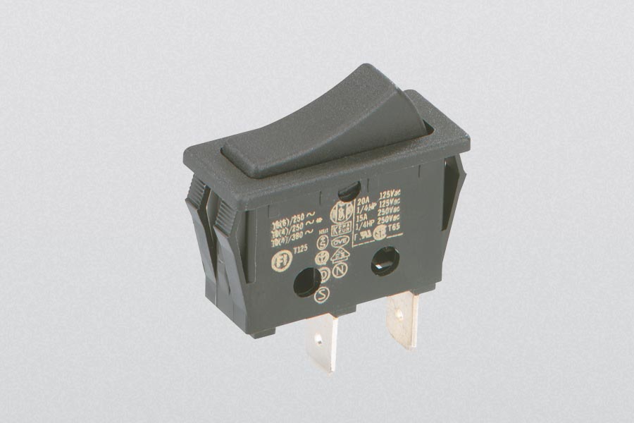 rocker switch, on-off-switch, 16(8) A, 250 V-AC, 1-pole, non-illuminated, faston 6,3 x 0,8 mm