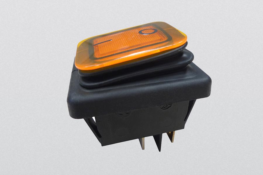 rocker switch, on-off-switch,16(8) A, 250 V, 2-pole, dust and water proof according to IP65, illuminated, faston 6,3 mm