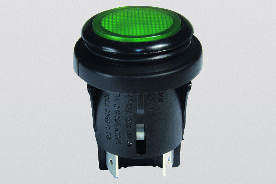 Drucktastenschalter, IP65, 2-polig, Ø 25 mm, schwarz/grün, beleuchtet