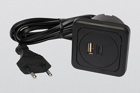 Doppel-USB-Ladesteckdose USB A+USB C, fertig konfektioniert mit 2 m Zuleitung, schwarz