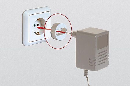 support for heavy flat-connexion power supply units throughout Europe (apart from Switzerland), suitable also for French socket system, patent-registered, " Made in Germany "