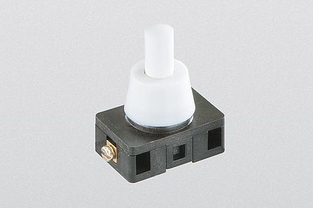 push button switch, on-off-switch, 6(2) A, 250 V-AC, 1-pole. This type is suitable for switching the secondary circuit of halogen lamps