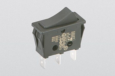 rocker switch, change-over-switch,16(8) A, 250 V-AC, 1-pole, non-illuminated, faston 6,3 x 0,8 mm