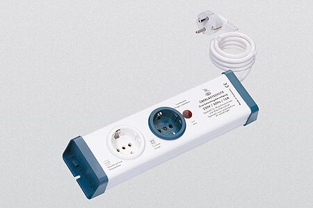 overload protection twin-socket, 230 V-AC, 16 A, 50Hz, for connecting two devices with high energy consumption e.g. washing machine and dryer, the release of the fuse is prevented.