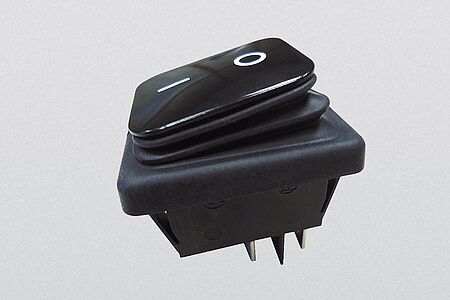 rocker switch, on-off-switch,16(8) A, 250 V, 2-pole, dust and water proof according to IP65, non-illuminated, faston 6,3 mm