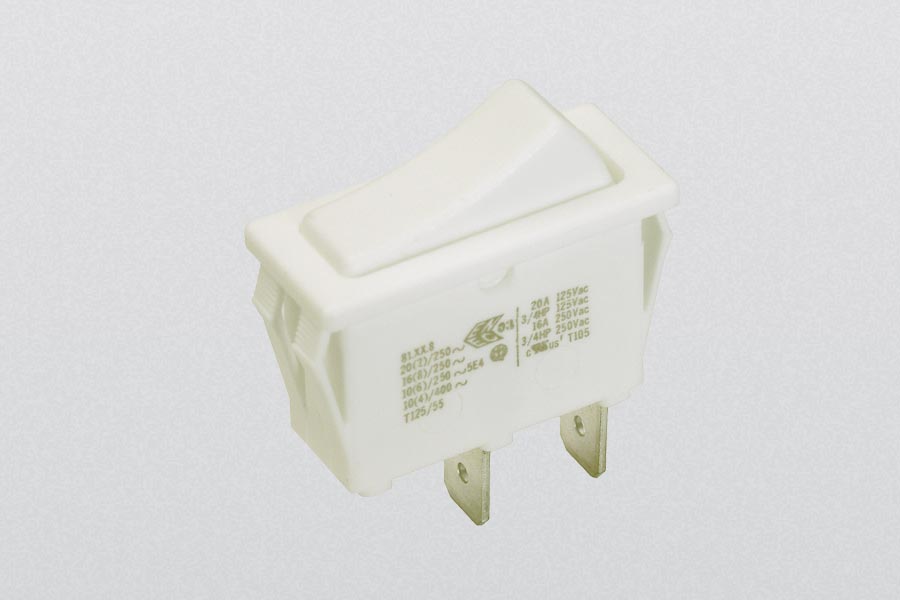 rocker switch, on-off-switch, 16(8) A, 250 V-AC, 1-pole, non-illuminated, faston 6,3 x 0,8 mm