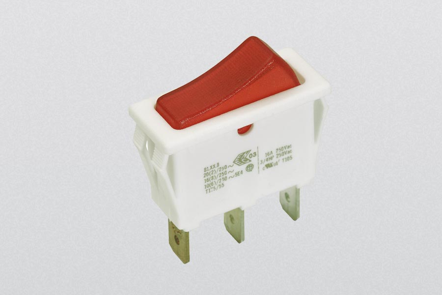 rocker switch, on-off-switch,16(8) A, 250 V-AC, 1-pole, illuminated, faston 6,3 x 0,8 mm
