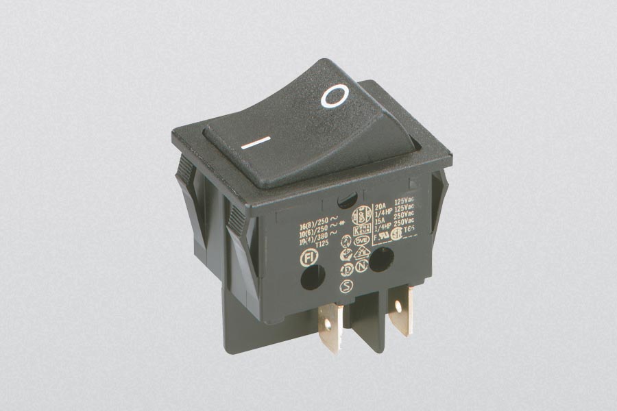 rocker switch, on-off-switch, 16(8) A, 250 V-AC, 2-pole, non-illuminated, faston 6,3 x 0,8 mm