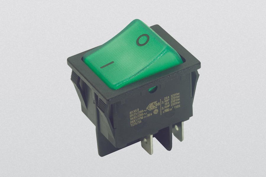 rocker switch, on-off-switch, 16(8) A, 250 V-AC, 2-pole, illuminated, faston 6,3 x 0,8 mm
