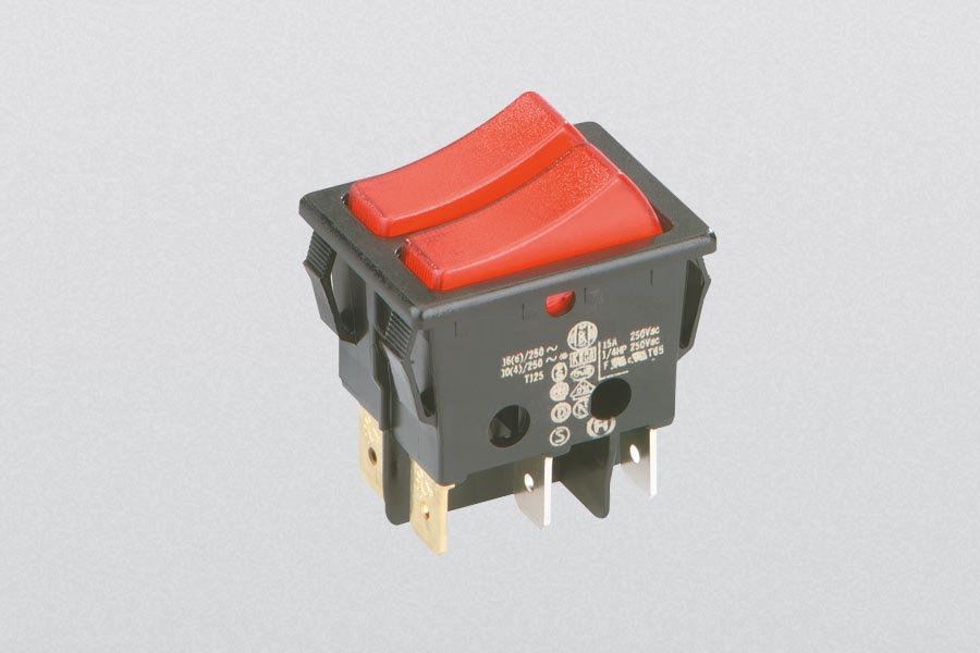 rocker switch, on-off-switch,16(8) A, 250 V-AC, 2x1-pole, illuminated, faston 6,3 x 0,8 mm