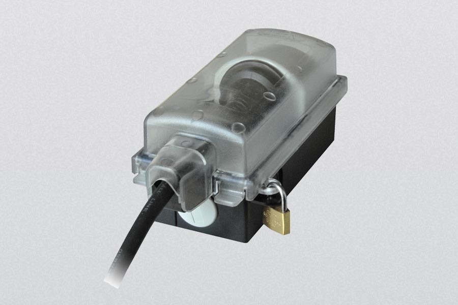 outdoor socket , 230 V,16 A, for straight earth-contact-plugs, lockable, IP 44, only for wall mounting, against theft of power