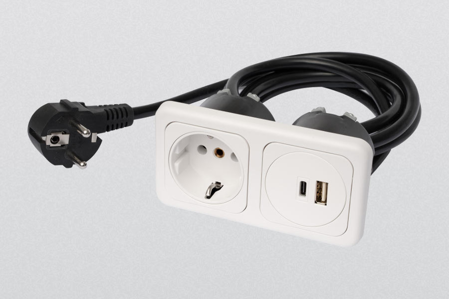 USB-Steckdosenkombination 2-fach, Steckdose Schutzkontakt und USB-Lader (1x USB A + 1 x USB C), weiß