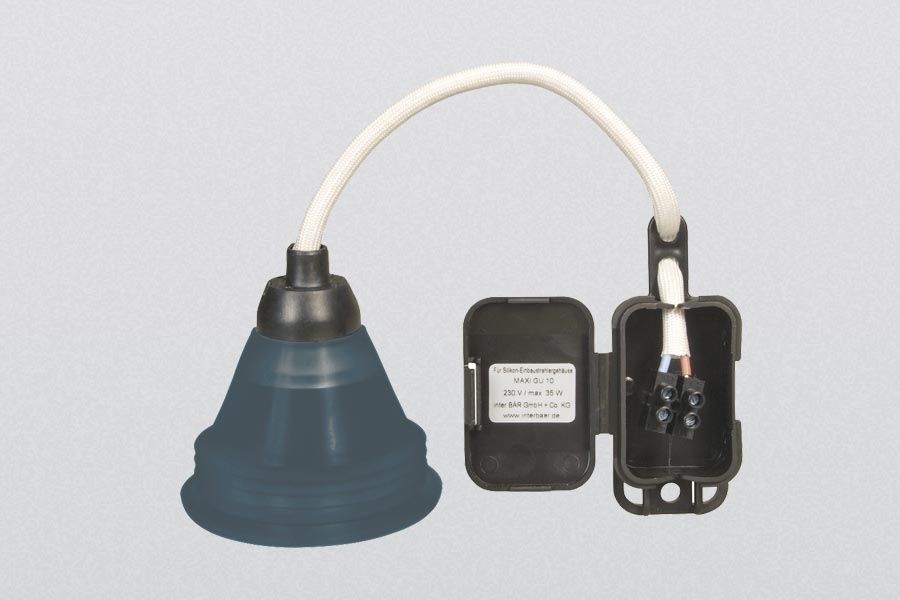 silicone housing for high voltage halogen and LED-illuminant with GU10-lamp socket, weather and maritime climate resistant