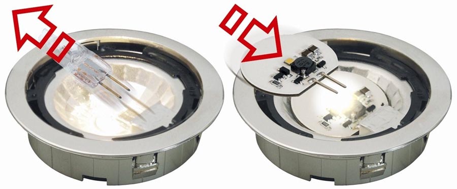 energy-saving power LED illuminant, warm-white with G4 pin base on the side, 1.6 Watt, 10-30Volt DC/12 V AC, Ø 30 mm